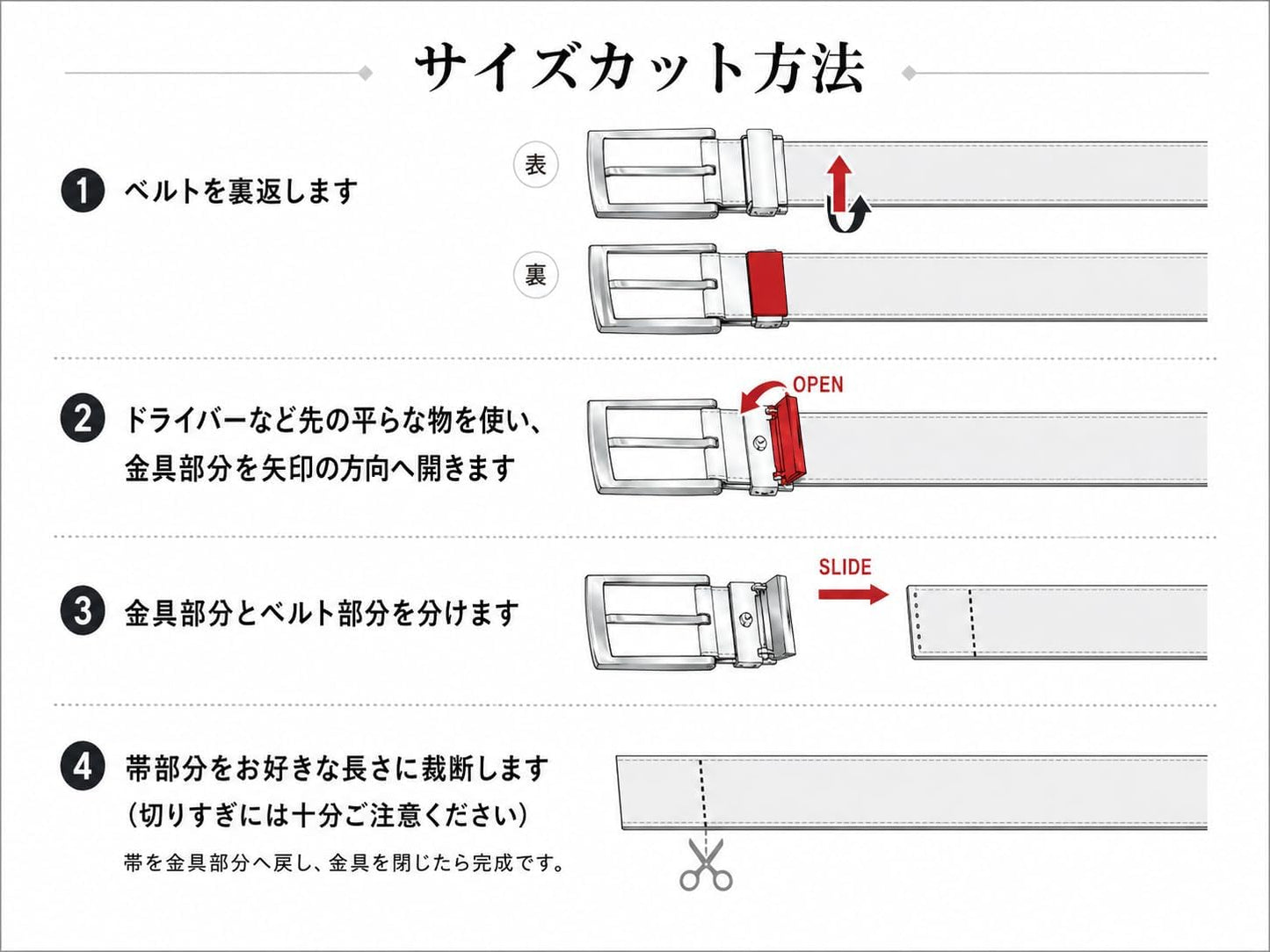 IK6004 ベルトのセルフカット手順図 1ベルトを裏返す 2金具を開く 3金具と帯を分ける 4帯を好みの長さに裁断する