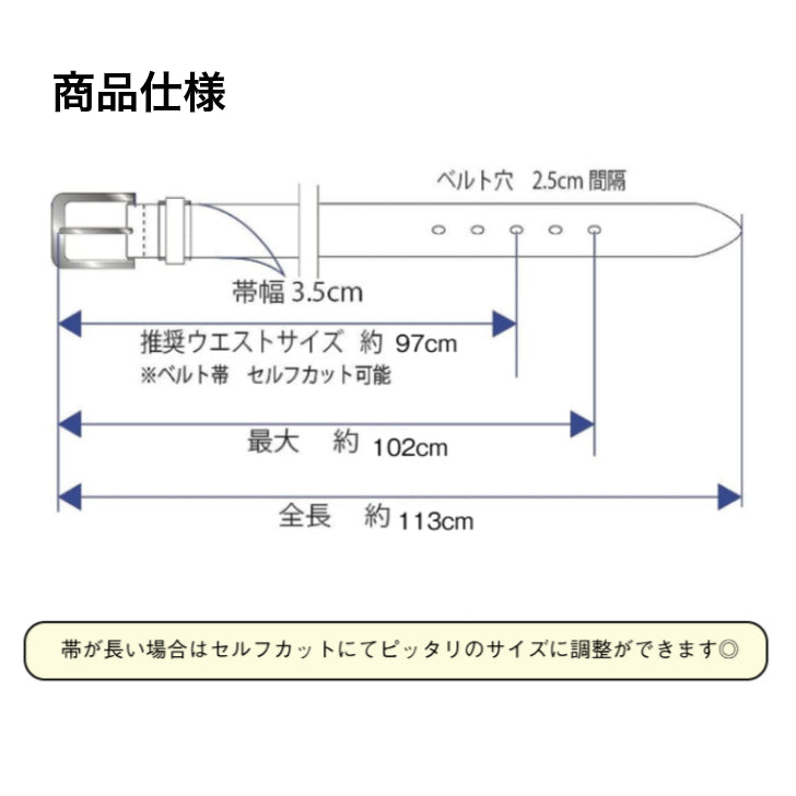 商品仕様図 帯幅3.5cm ベルト穴2.5cm間隔 推奨ウエスト約97cm 全長約113cm セルフカット可