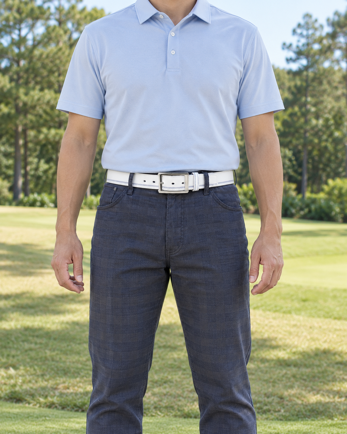 白のゴルフベルトを水色のポロと紺のパンツに合わせた着用イメージ