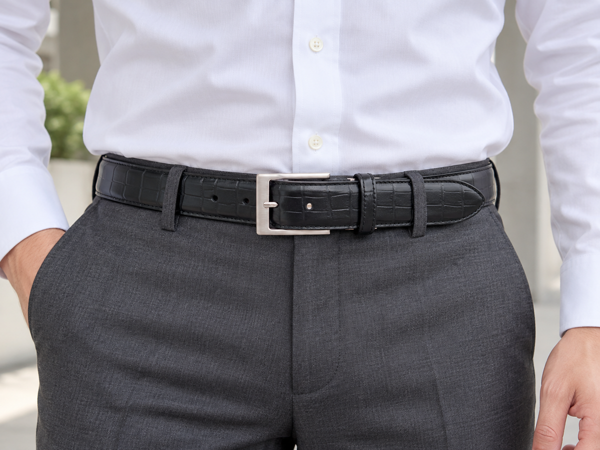 SD016 Mブラックの着用イメージ。白シャツをチャコールのパンツへ整えてタックイン。35mmのクロコ型押しと角型金具が見える腰元。