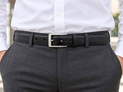 SD023 Mブラックの着用イメージ。白シャツを整えてタックインし、30mmの細かなシボと角型金具が見える腰元。