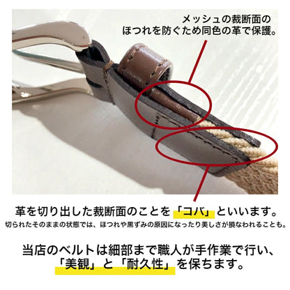 ゴムメッシュベルト HB004 革の裁断面コバを同色の革で保護する仕上げの説明図