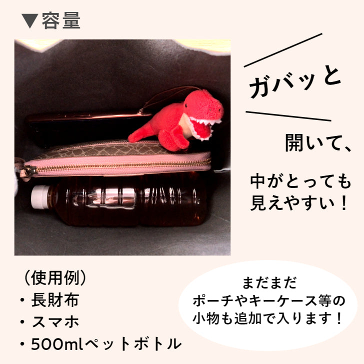 SD003 容量の説明図 長財布・スマホ・500mlペットボトルが入る使用例